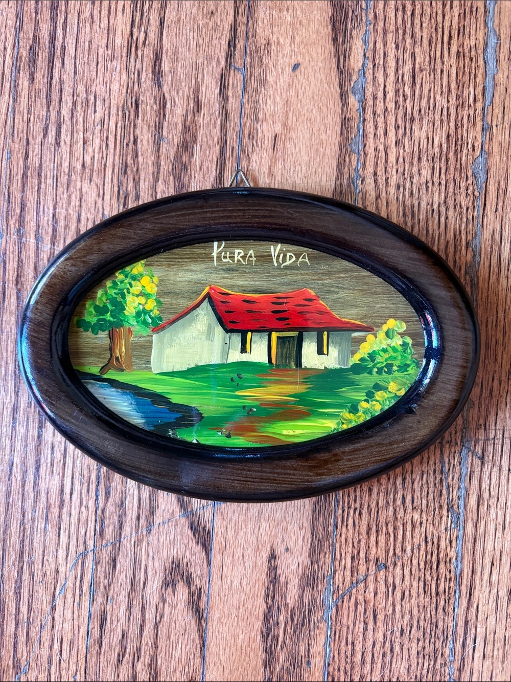 VINTAGE 60’s “Pura Vida” Hand-Painted Home Art - small wallhanging landscape art